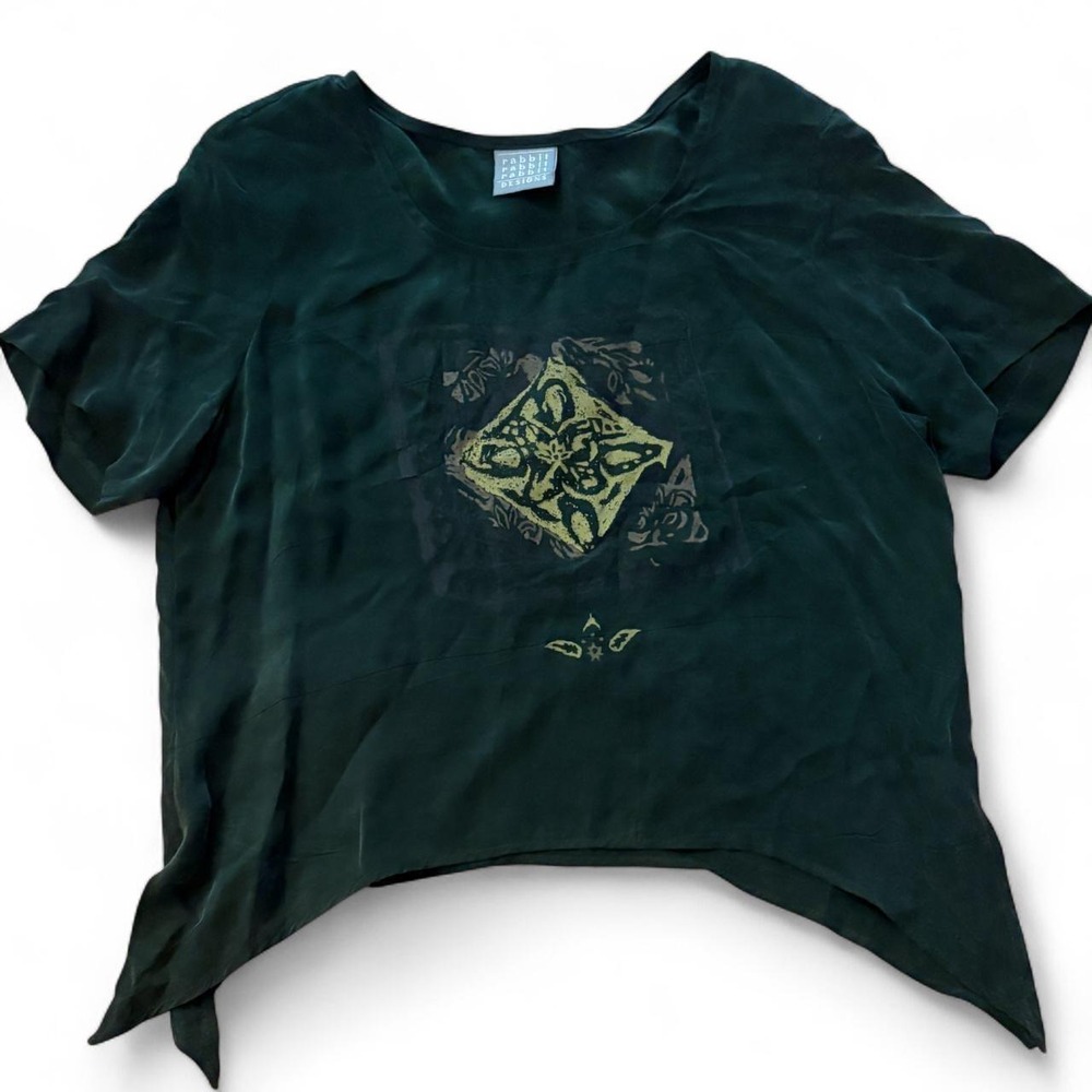 Vintage Rabbit Rabbit Designs Graphic Handkerchief Hem Top Dark Green Womens